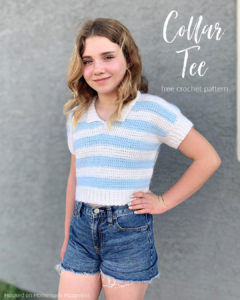 Kid's Collar Tee Crochet Pattern - The Collar Tee Crochet Pattern is a fun & stylish tee that's perfect for spring! It's made with 2 panels sewn together and then the collar & sleeve details are added. Such a fun project!